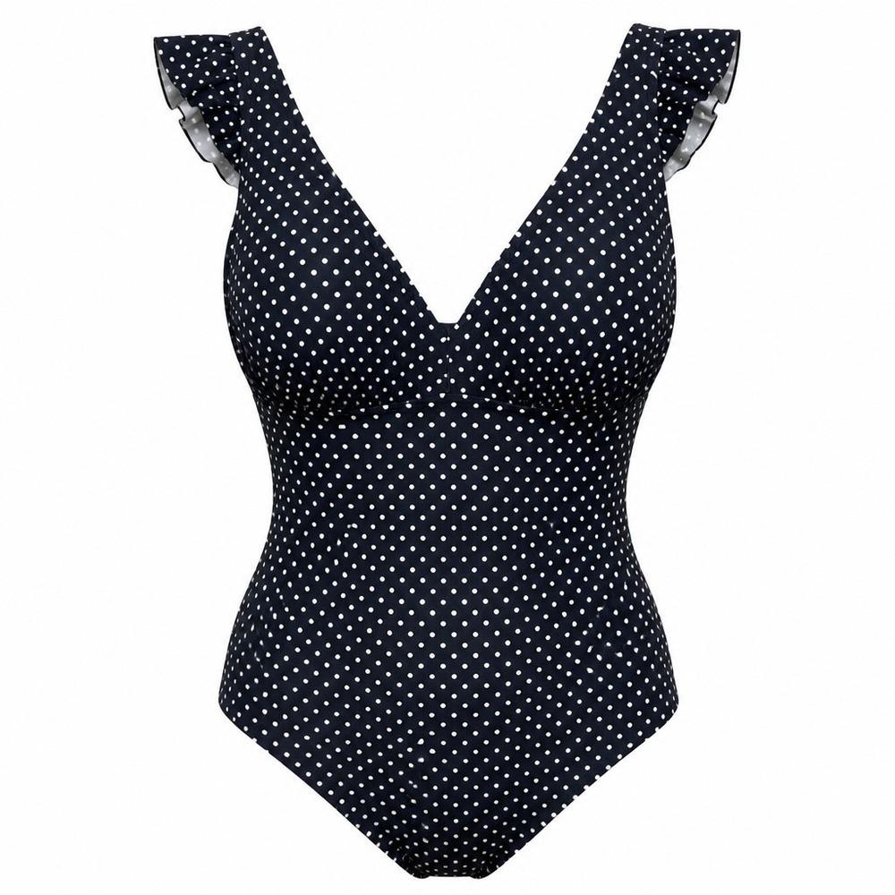 Shade & Shore Womens Polka Dot Ruffle One Piece Swimsuit Black White Size 18 NEW